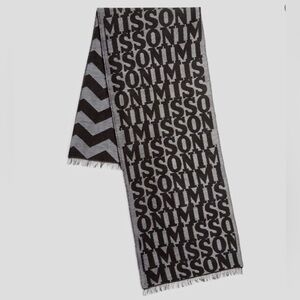Missoni Logo Fringed Wool Blend Men Unisex Black Grey Rectangular Scarf NWT